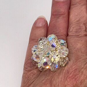 Vintage Aurora Borealis Crystal Ring Stretch Crochet Band Size 6.5 Rare